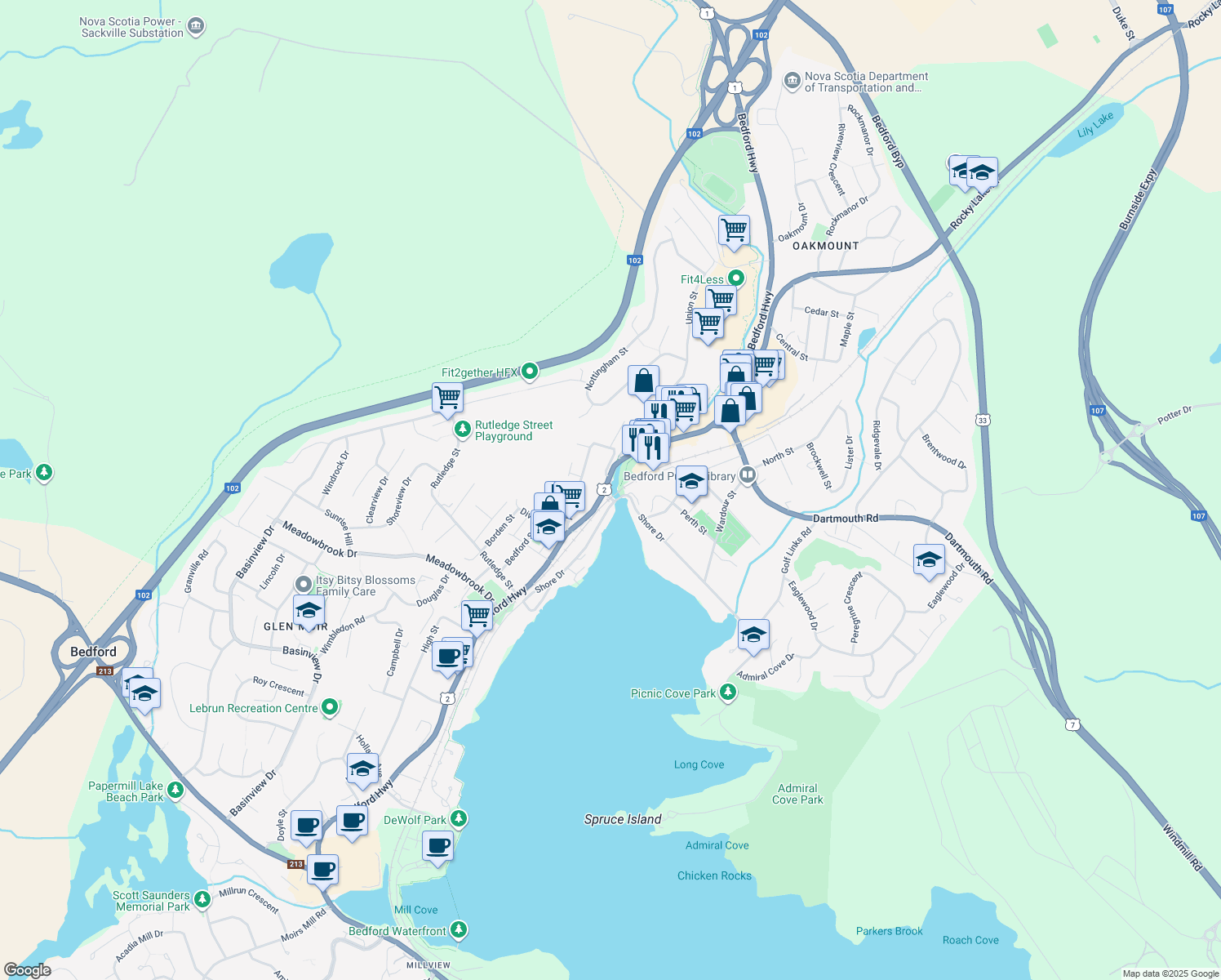 map of restaurants, bars, coffee shops, grocery stores, and more near 1405 Bedford Highway in Bedford