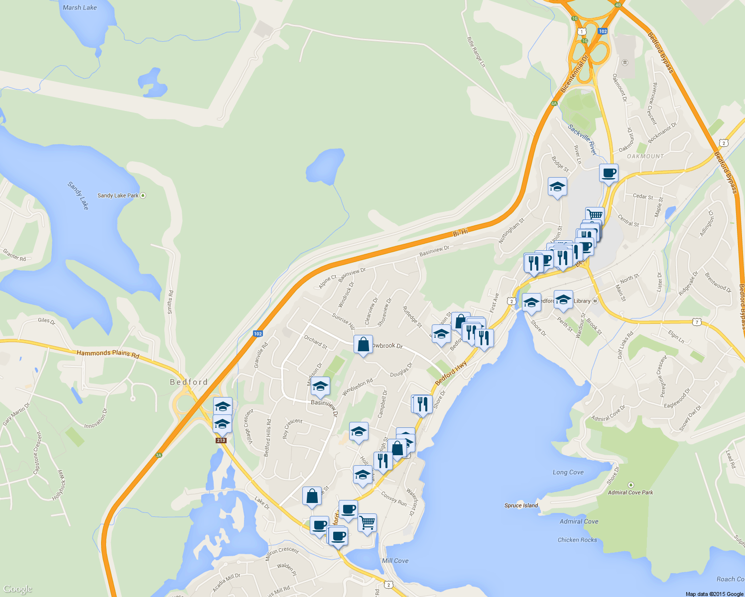 map of restaurants, bars, coffee shops, grocery stores, and more near 44 Clearview Drive in Bedford