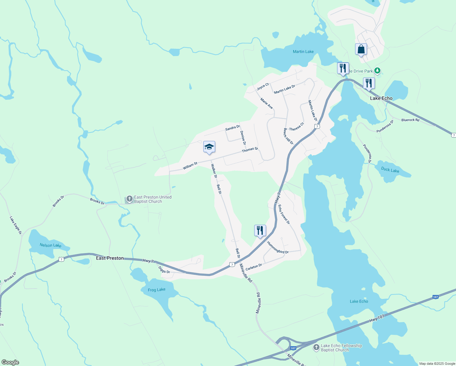 map of restaurants, bars, coffee shops, grocery stores, and more near 11 John Cross Drive in Lake Echo