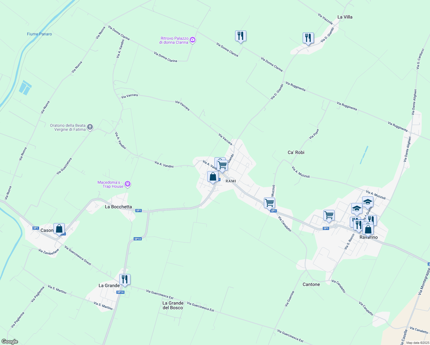 map of restaurants, bars, coffee shops, grocery stores, and more near 248 Via della Resistenza in Ravarino