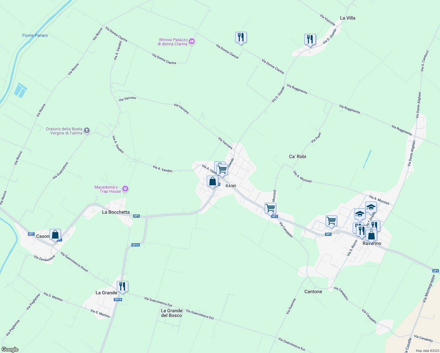 map of restaurants, bars, coffee shops, grocery stores, and more near 248 Via della Resistenza in Ravarino
