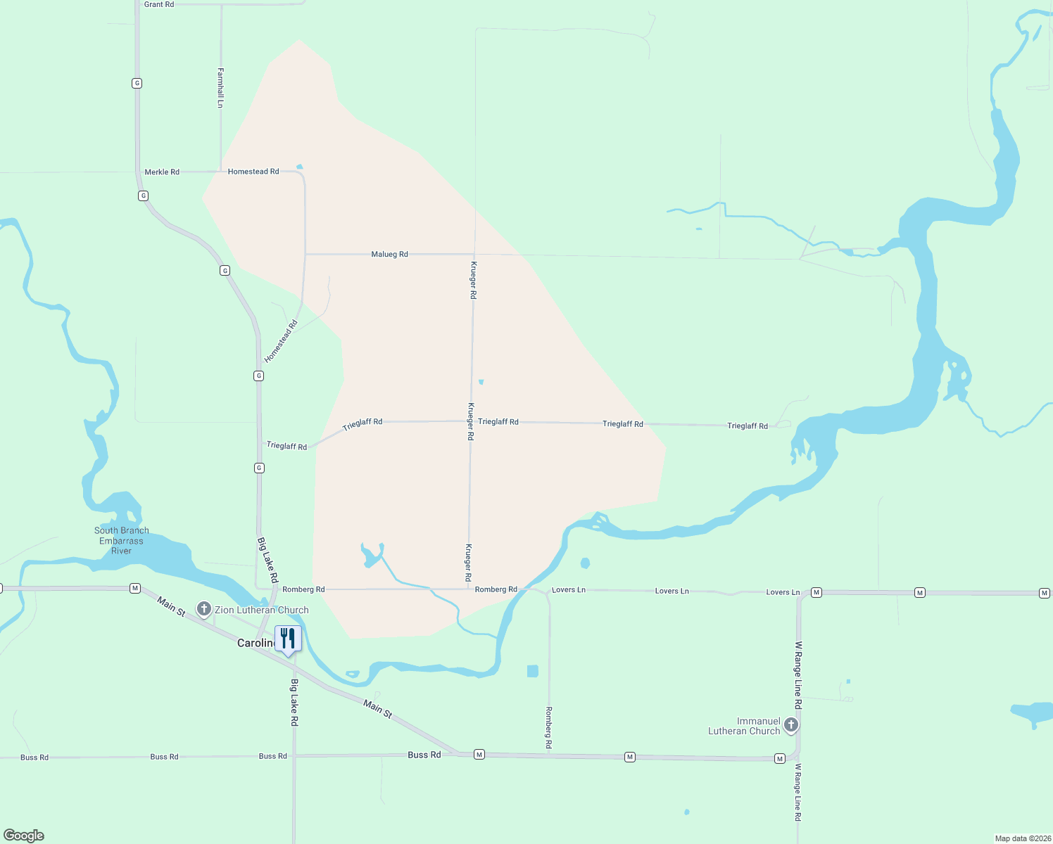 map of restaurants, bars, coffee shops, grocery stores, and more near Trieglaff Road in Caroline