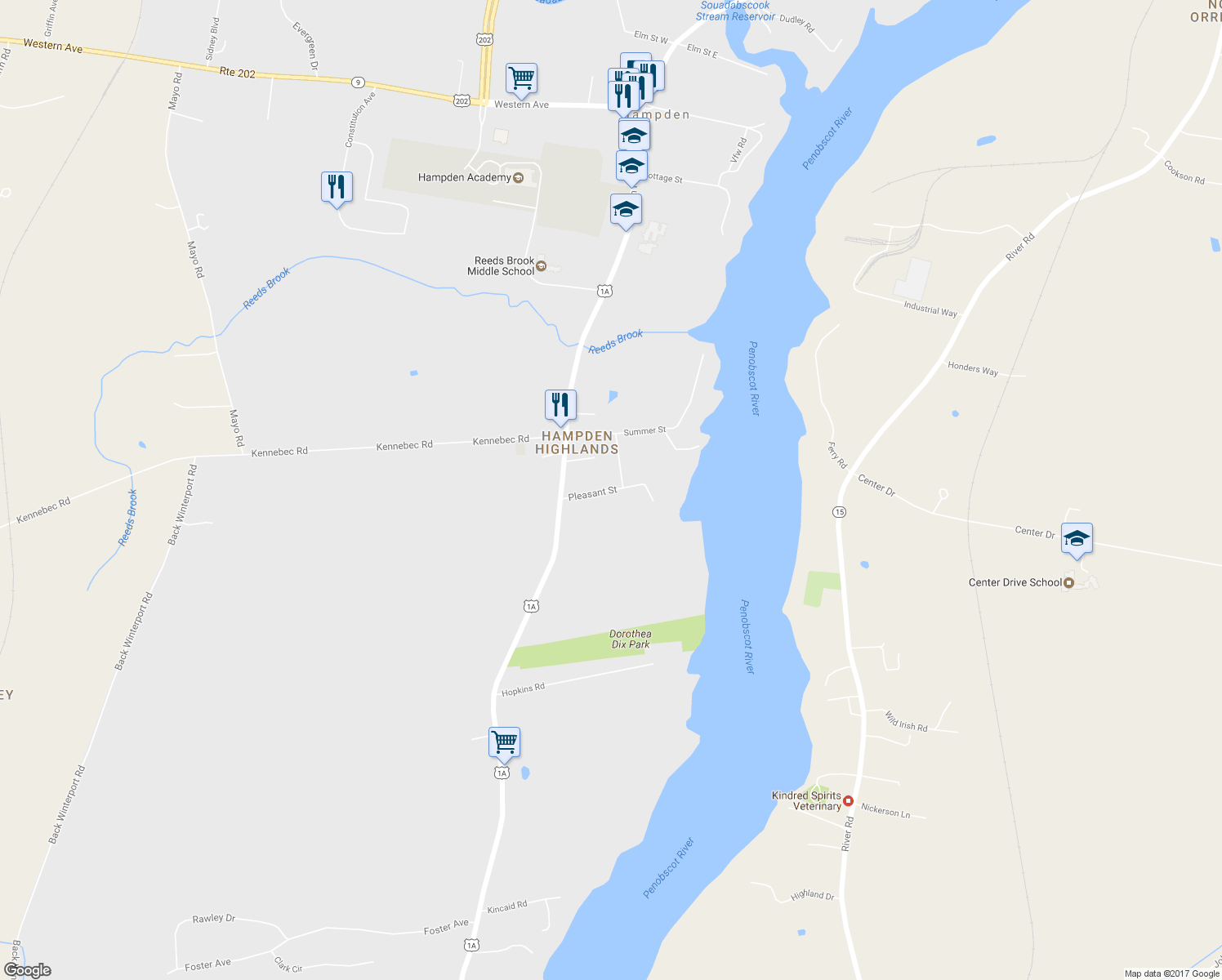 map of restaurants, bars, coffee shops, grocery stores, and more near 27 Pleasant Street in Hampden