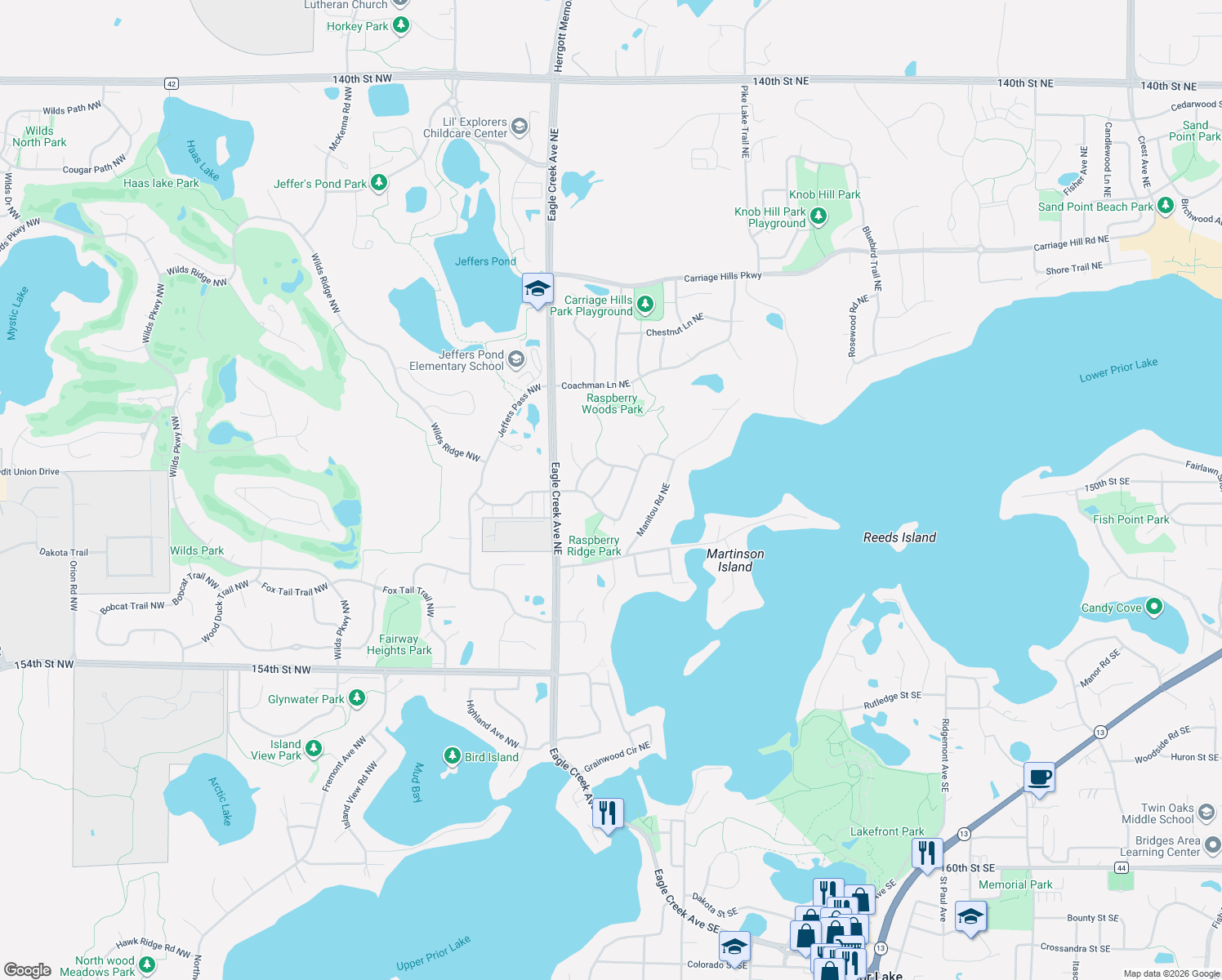 map of restaurants, bars, coffee shops, grocery stores, and more near 15037 Black Oak Road Northeast in Prior Lake