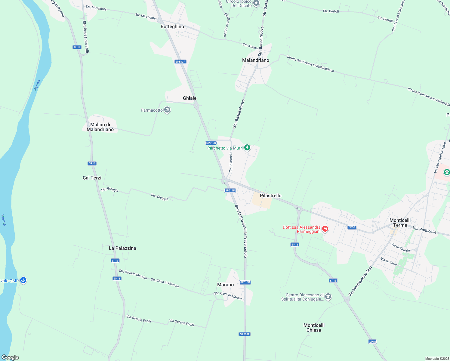 map of restaurants, bars, coffee shops, grocery stores, and more near 265 Strada Statale 513 in Pilastrello