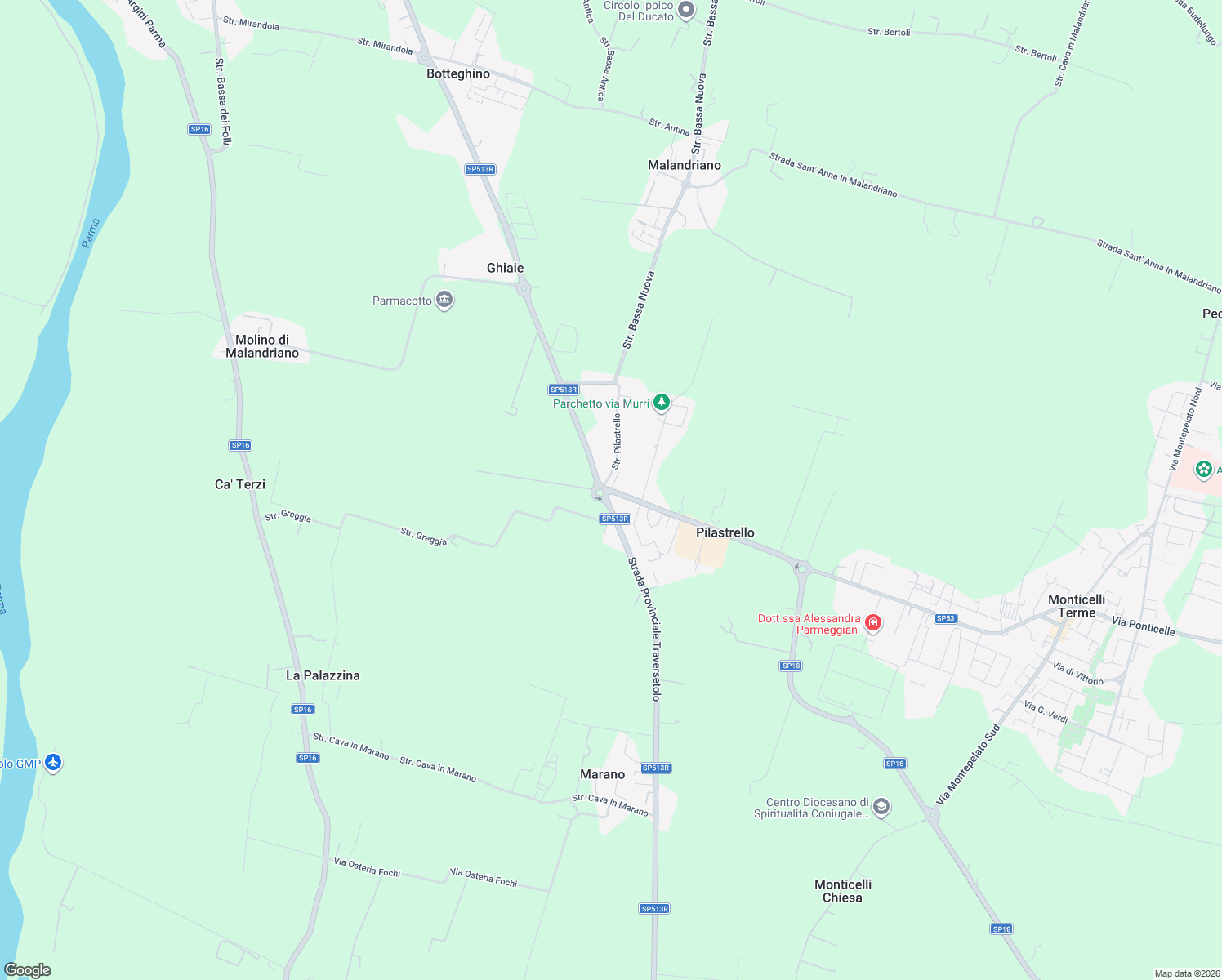 map of restaurants, bars, coffee shops, grocery stores, and more near 265 Strada Statale 513 in Pilastrello