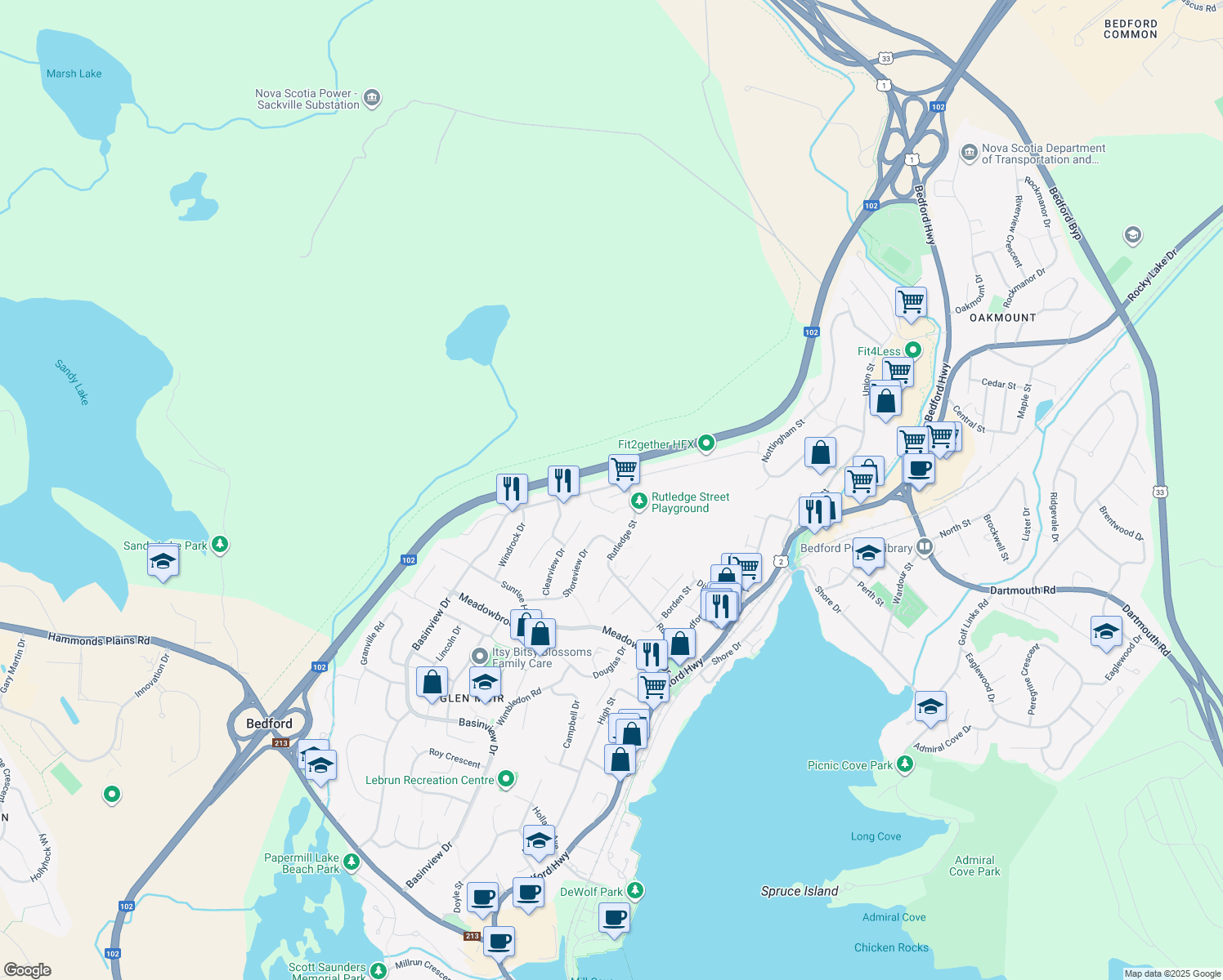 map of restaurants, bars, coffee shops, grocery stores, and more near 833 Basinview Drive in Bedford