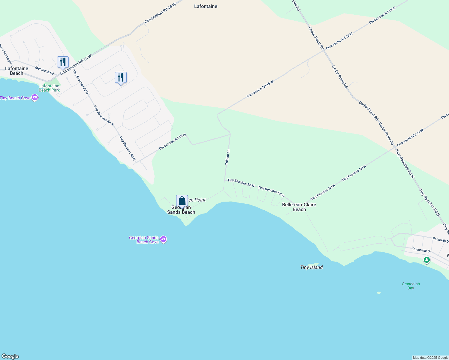 map of restaurants, bars, coffee shops, grocery stores, and more near Trillium Lane in Simcoe County