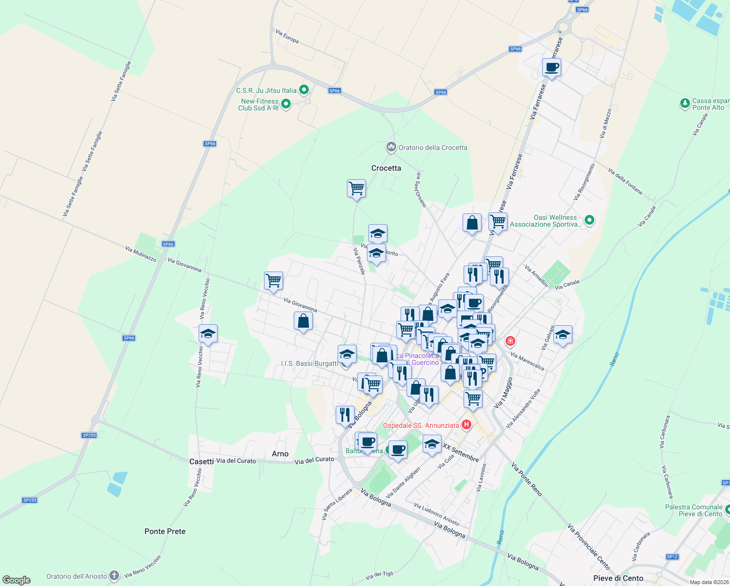 map of restaurants, bars, coffee shops, grocery stores, and more near 6 Via Penzale in Cento
