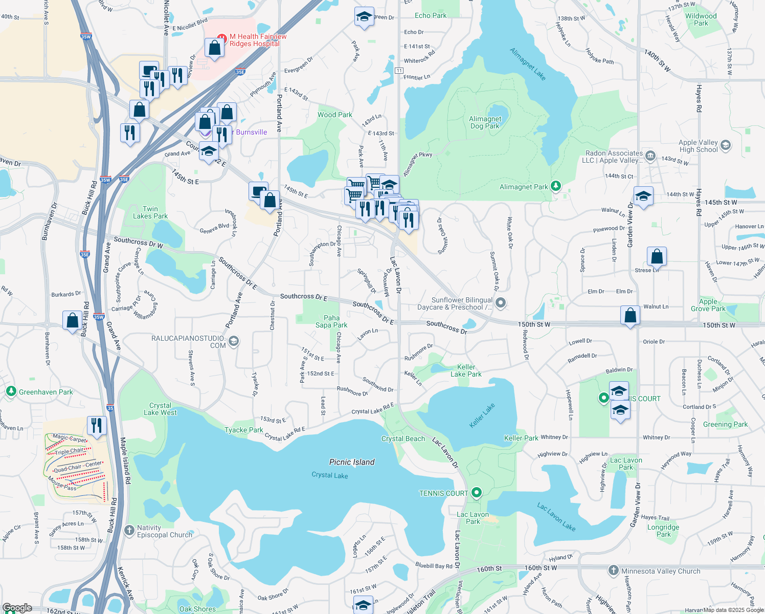 map of restaurants, bars, coffee shops, grocery stores, and more near 14904 Maywood Drive in Burnsville