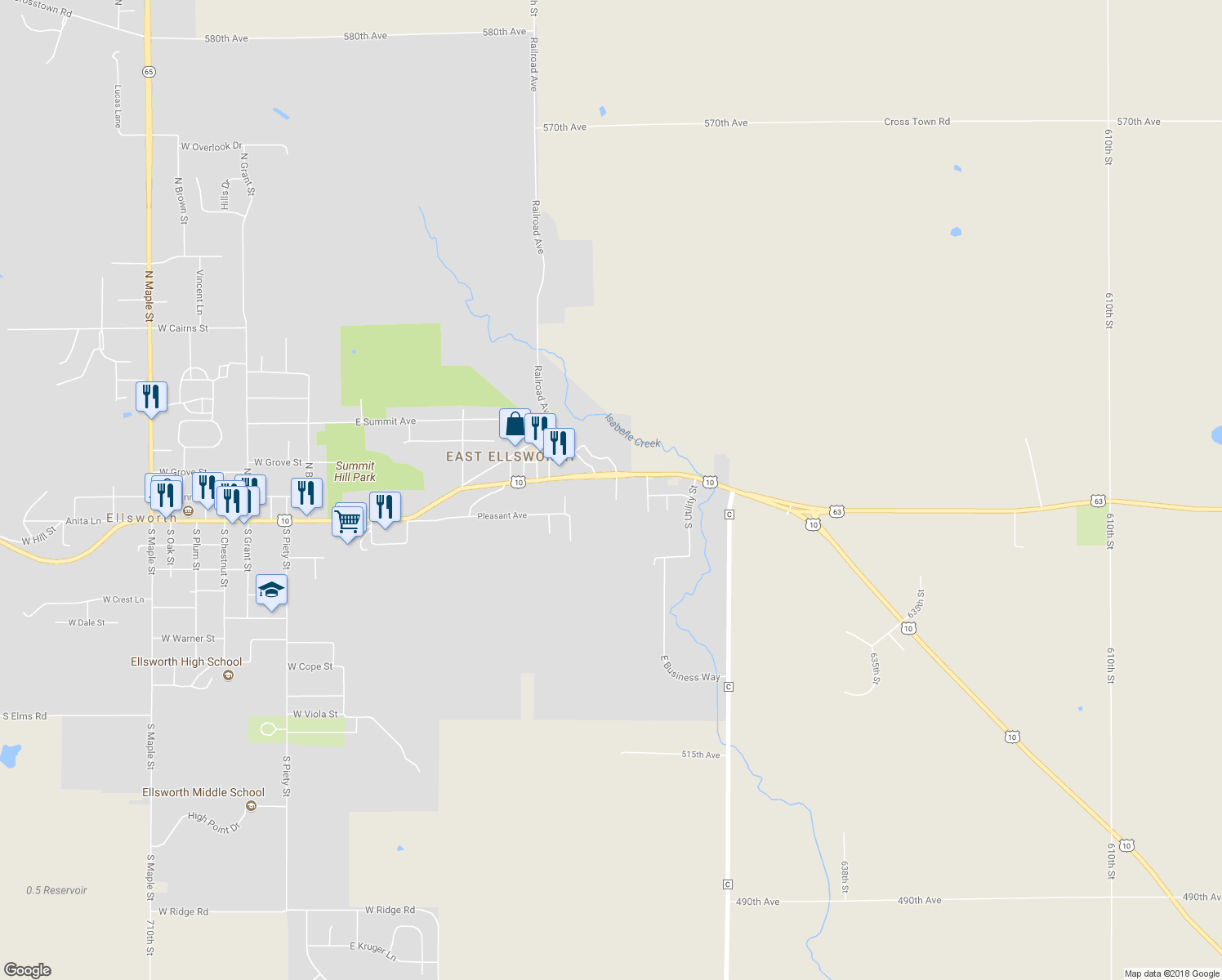 map of restaurants, bars, coffee shops, grocery stores, and more near 106 South Wallace Street in Ellsworth