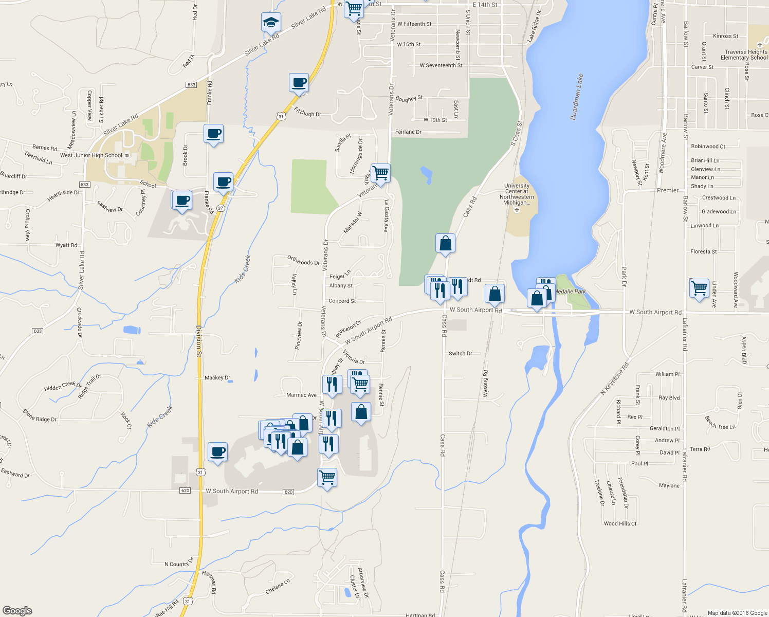 map of restaurants, bars, coffee shops, grocery stores, and more near 3250 Rennie Street in Traverse City