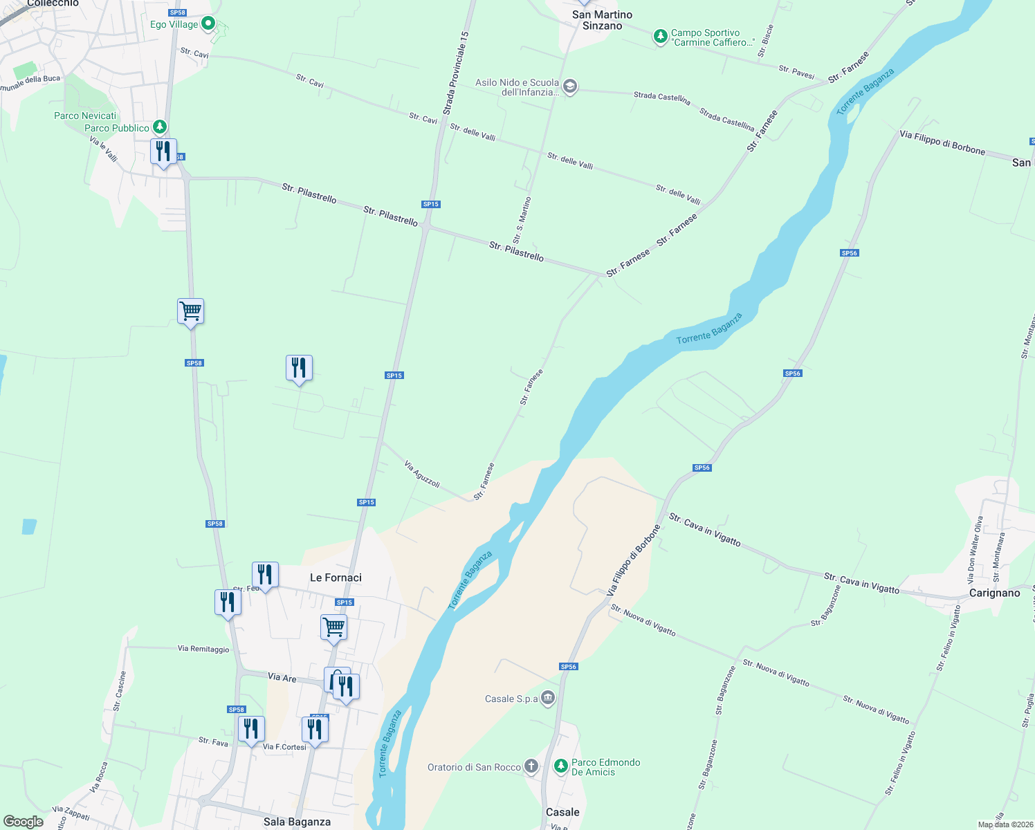 map of restaurants, bars, coffee shops, grocery stores, and more near 3 Strada Farnese in Provincia di Parma