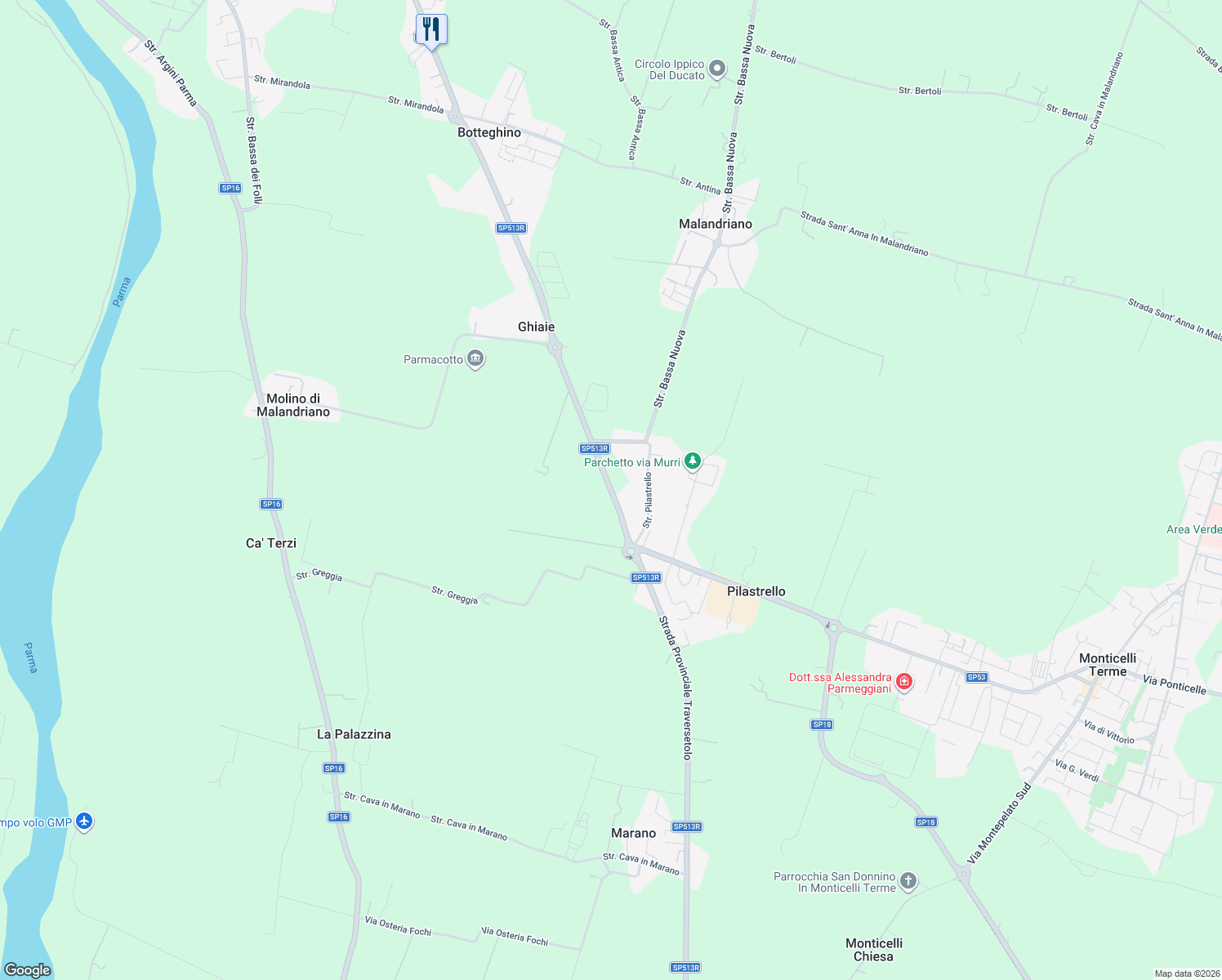 map of restaurants, bars, coffee shops, grocery stores, and more near 246 Strada Provinciale Traversetolo in Provincia di Parma