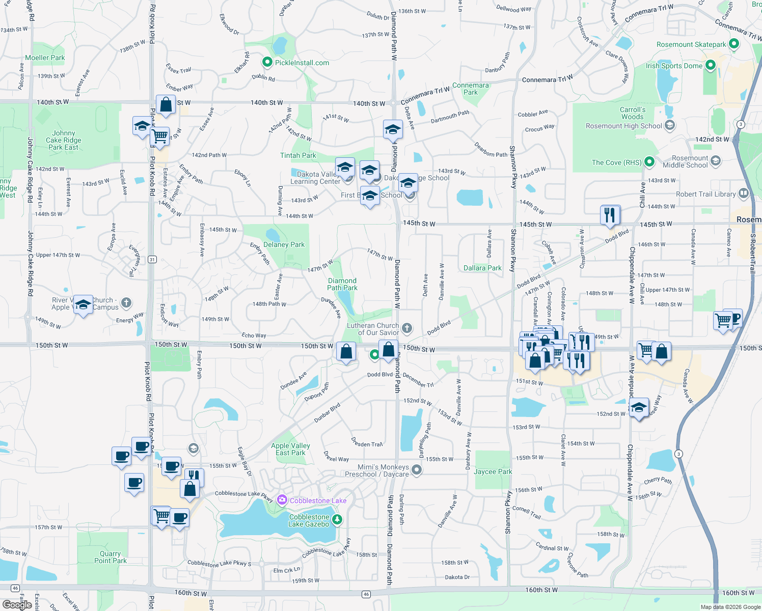 map of restaurants, bars, coffee shops, grocery stores, and more near 4518 148th Court in Apple Valley