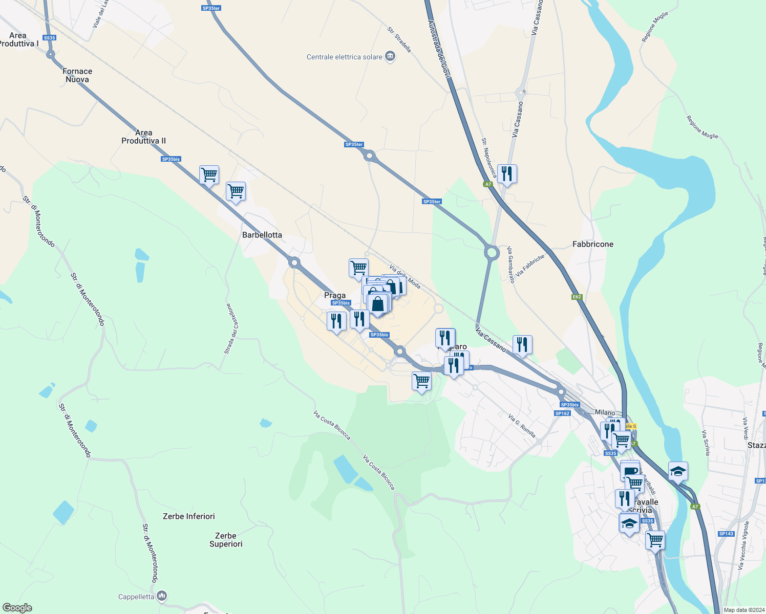 map of restaurants, bars, coffee shops, grocery stores, and more near 1 Via della Moda in Provincia di Alessandria