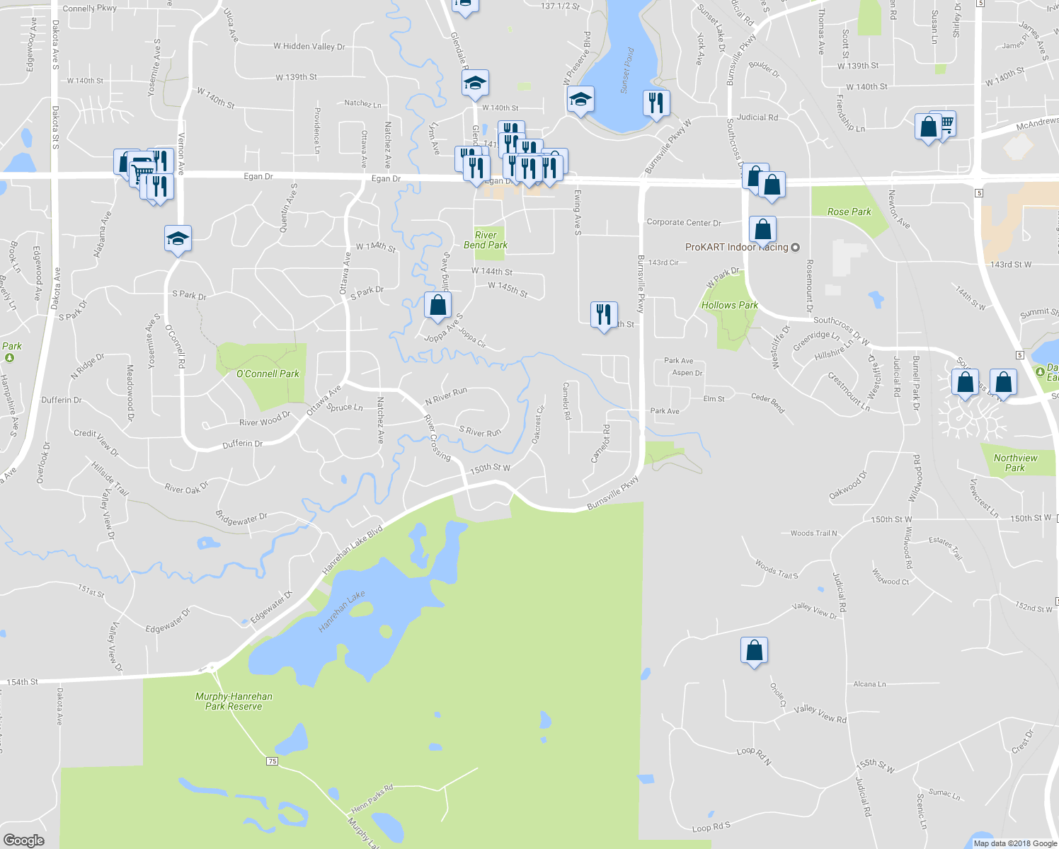 map of restaurants, bars, coffee shops, grocery stores, and more near 14910 Oakcrest Circle in Savage