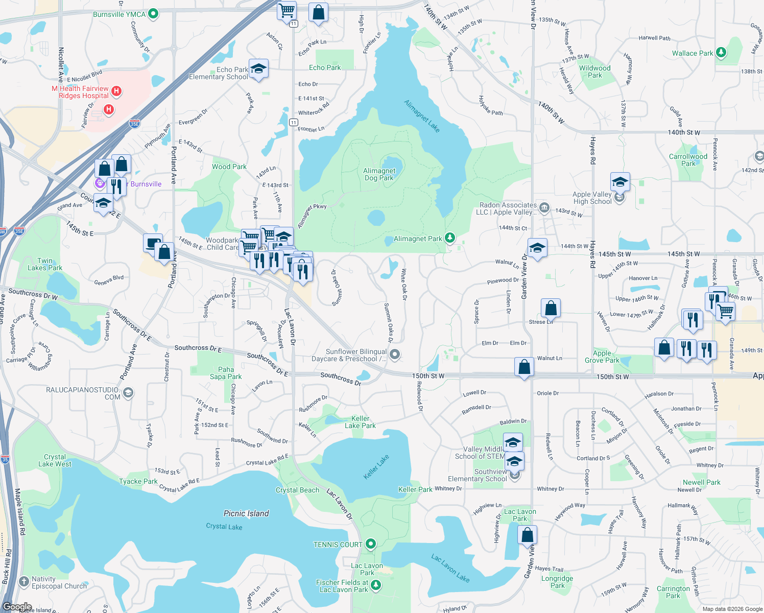 map of restaurants, bars, coffee shops, grocery stores, and more near 14800 Summit Oaks Dr in Burnsville