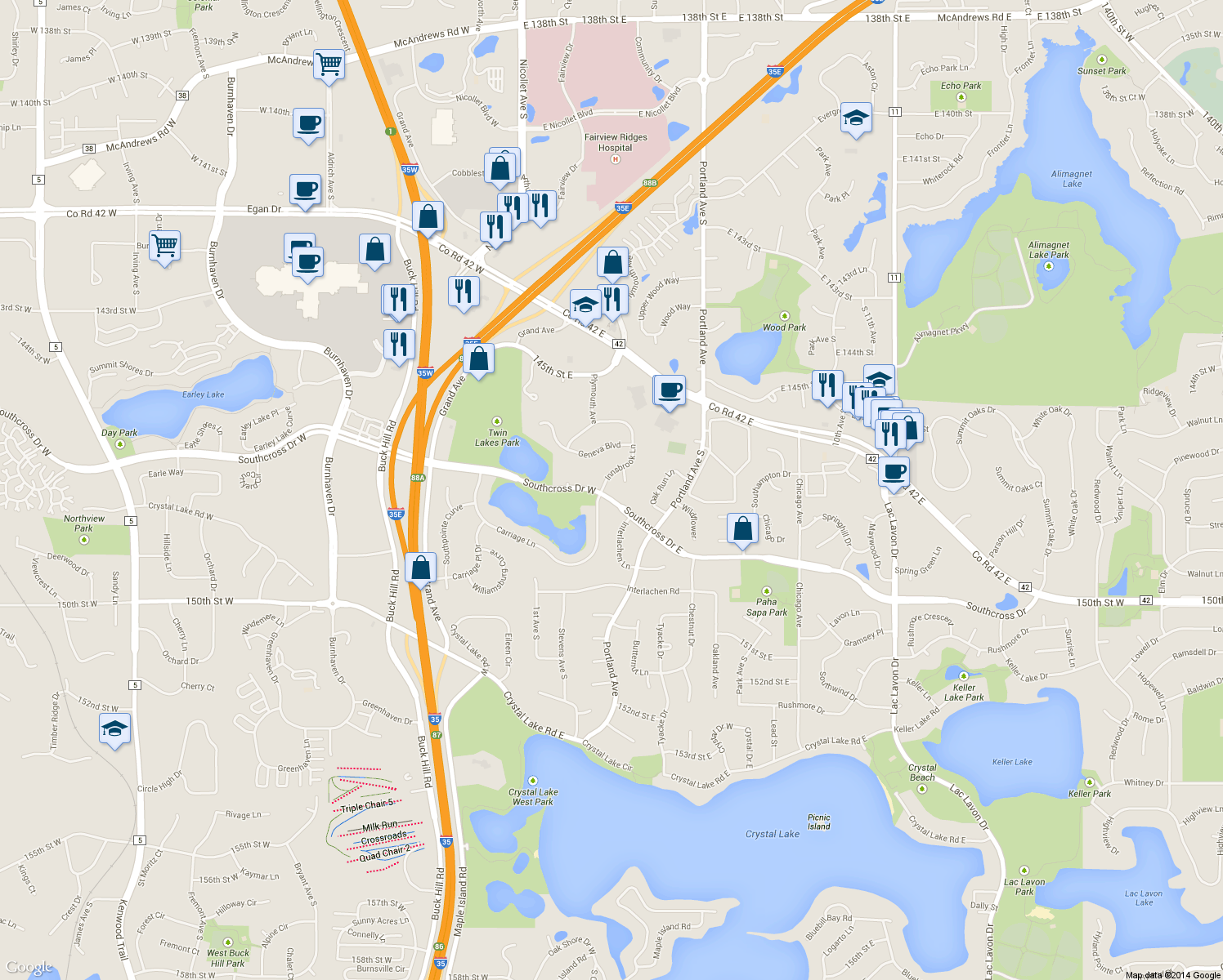 map of restaurants, bars, coffee shops, grocery stores, and more near 14741 Innsbrook Lane in Burnsville