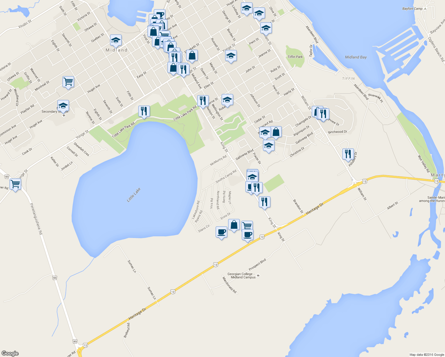 map of restaurants, bars, coffee shops, grocery stores, and more near Smiths Camp Road in Midland