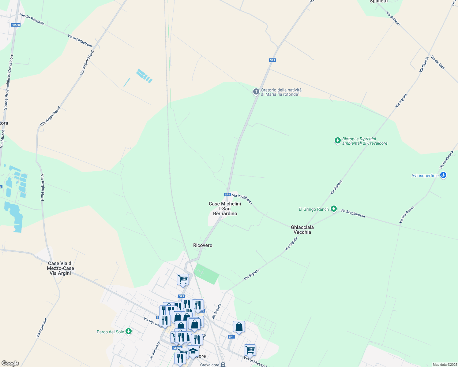 map of restaurants, bars, coffee shops, grocery stores, and more near 1463 Via del Papa in Case Michelini I-San Bernardino