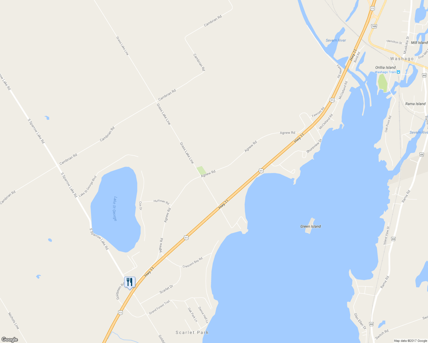 map of restaurants, bars, coffee shops, grocery stores, and more near 3719 Agnew Road in Washago