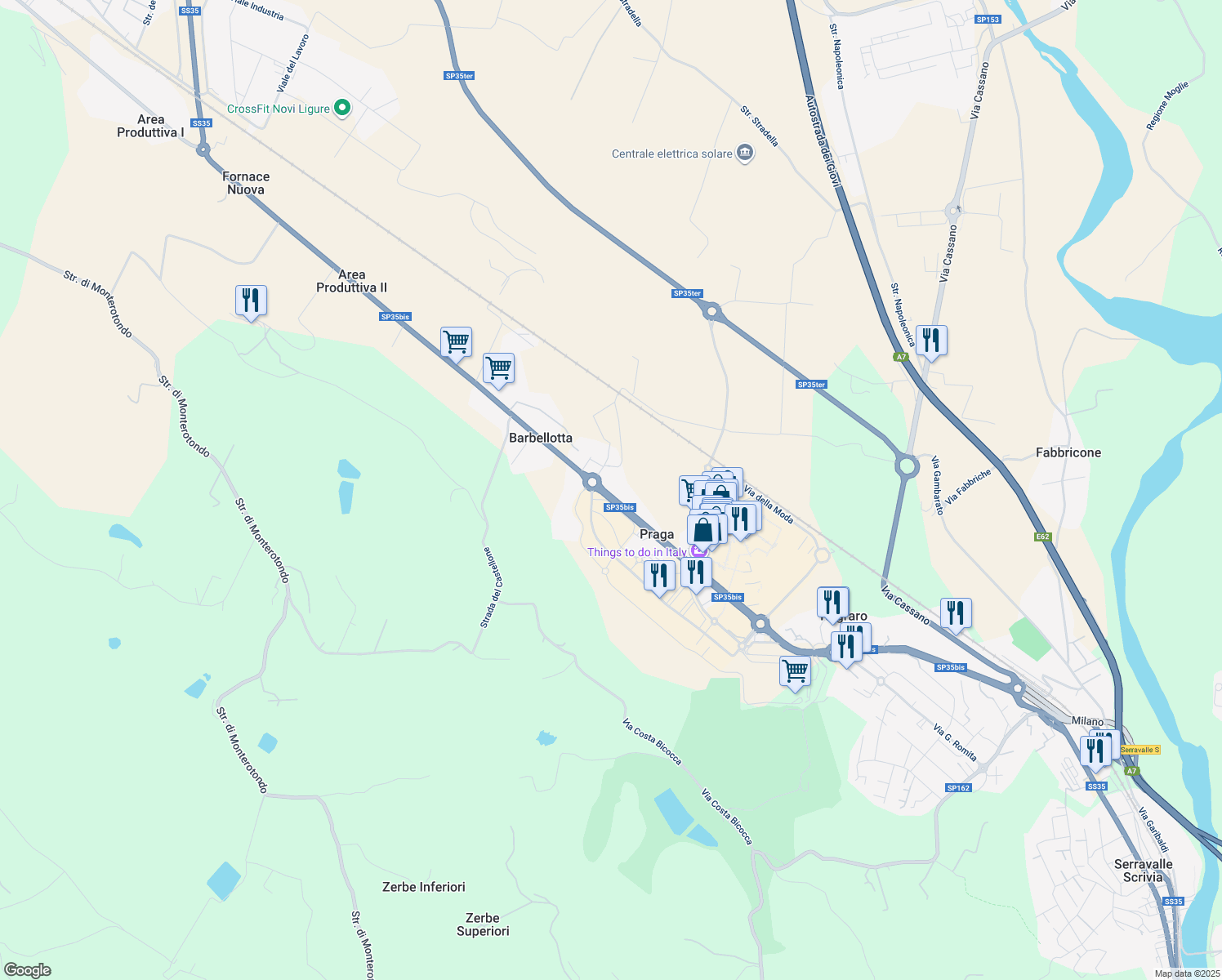 map of restaurants, bars, coffee shops, grocery stores, and more near 163 Strada Serravalle in Provincia di Alessandria