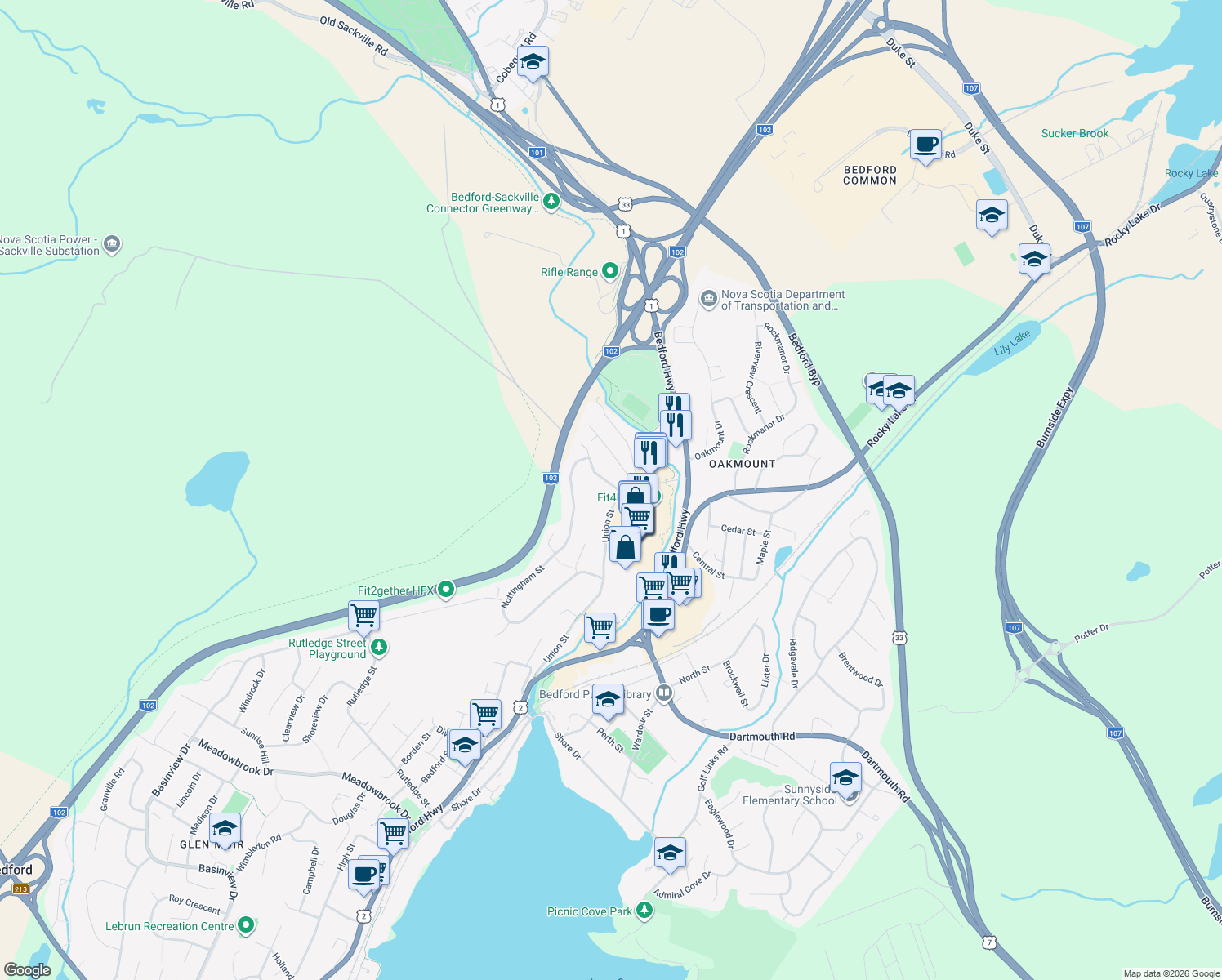 map of restaurants, bars, coffee shops, grocery stores, and more near 4 Bridge Street in Bedford