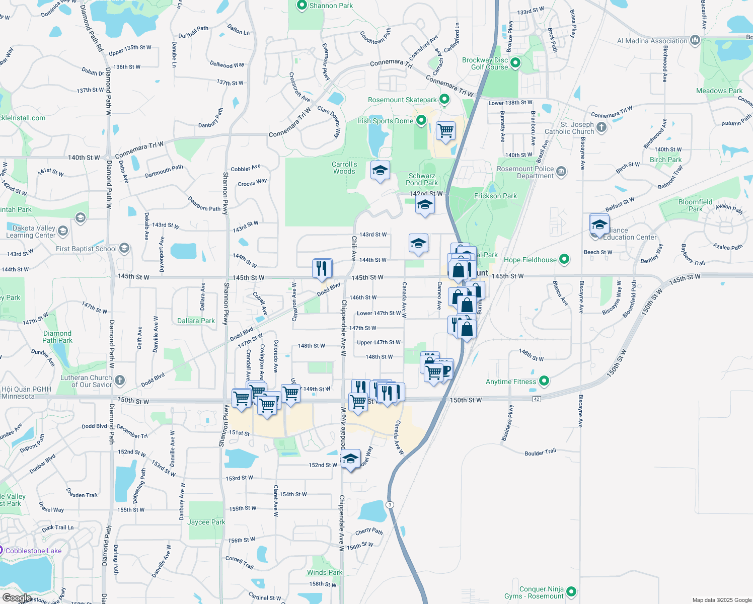map of restaurants, bars, coffee shops, grocery stores, and more near 3340 146th Street West in Rosemount