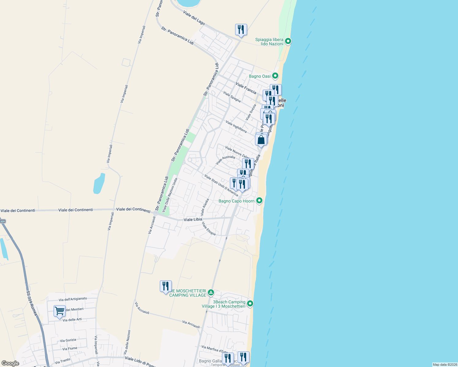 map of restaurants, bars, coffee shops, grocery stores, and more near 17 Viale Panama in Lido delle Nazioni