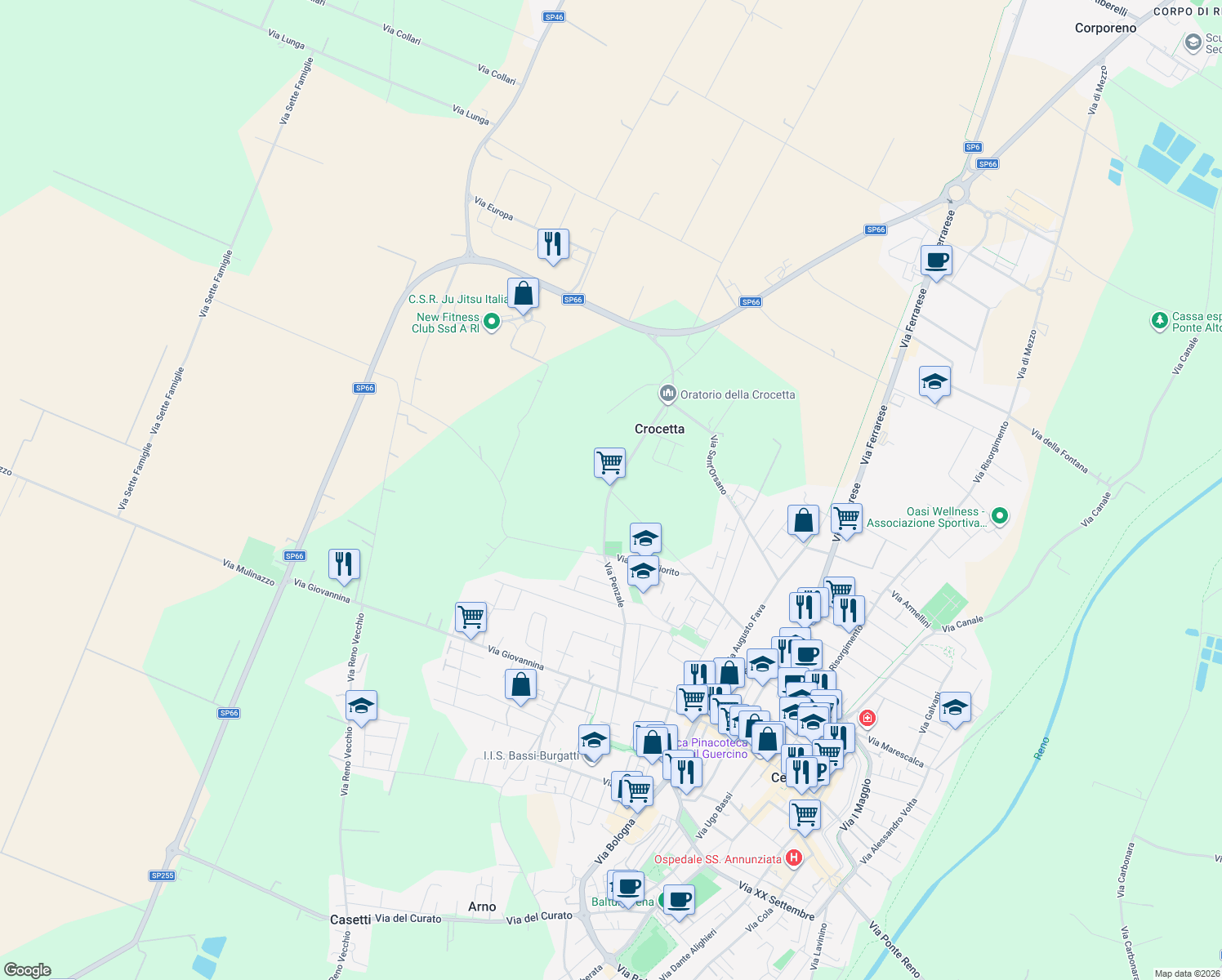 map of restaurants, bars, coffee shops, grocery stores, and more near 9 Via della Quercia in Cento