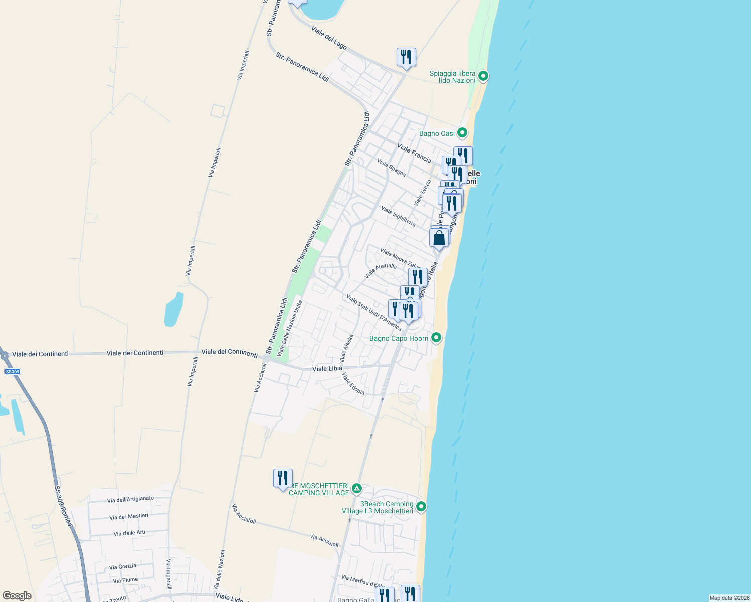 map of restaurants, bars, coffee shops, grocery stores, and more near 17 Viale Panama in Lido delle Nazioni