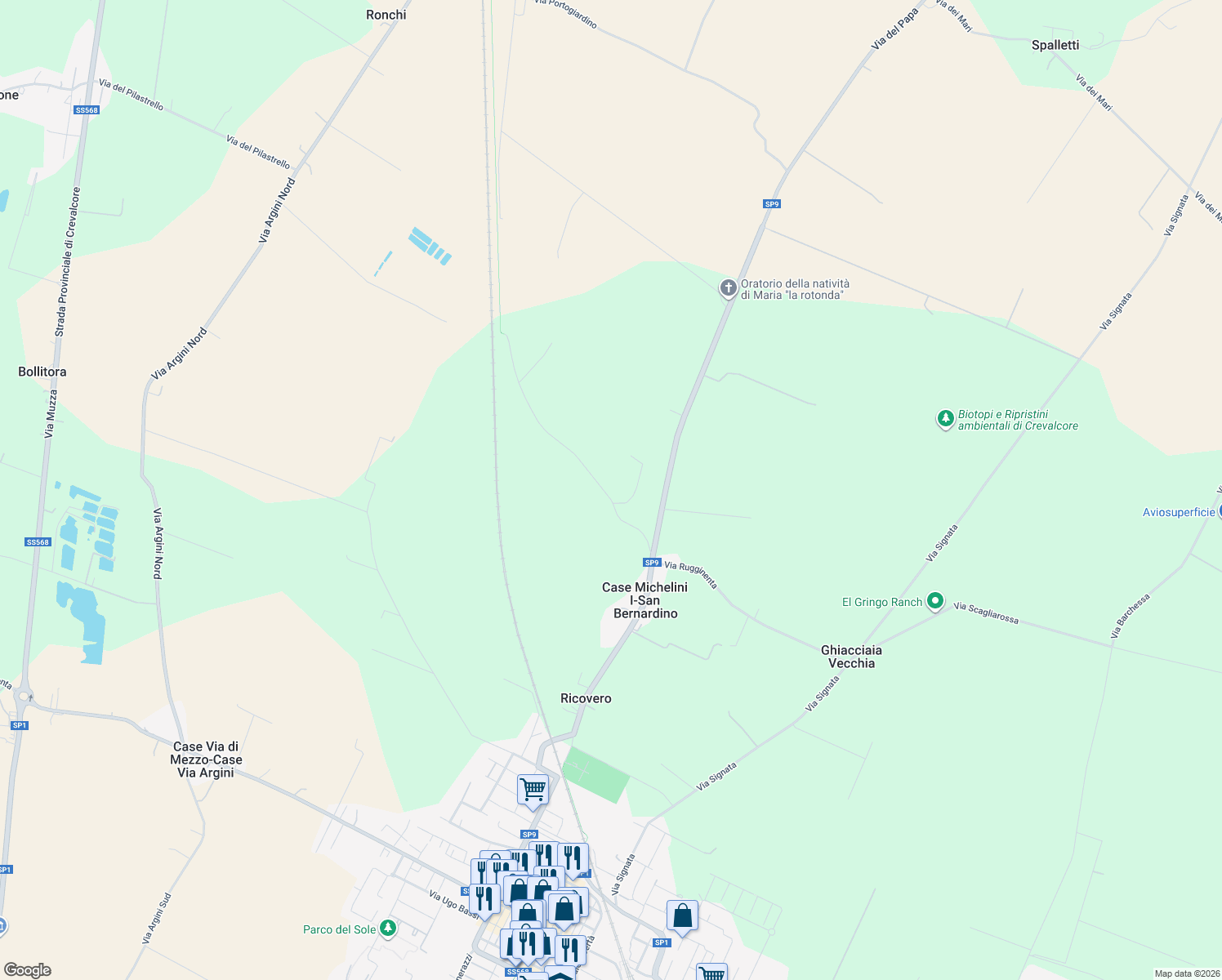 map of restaurants, bars, coffee shops, grocery stores, and more near 290 Via Fornace in Crevalcore