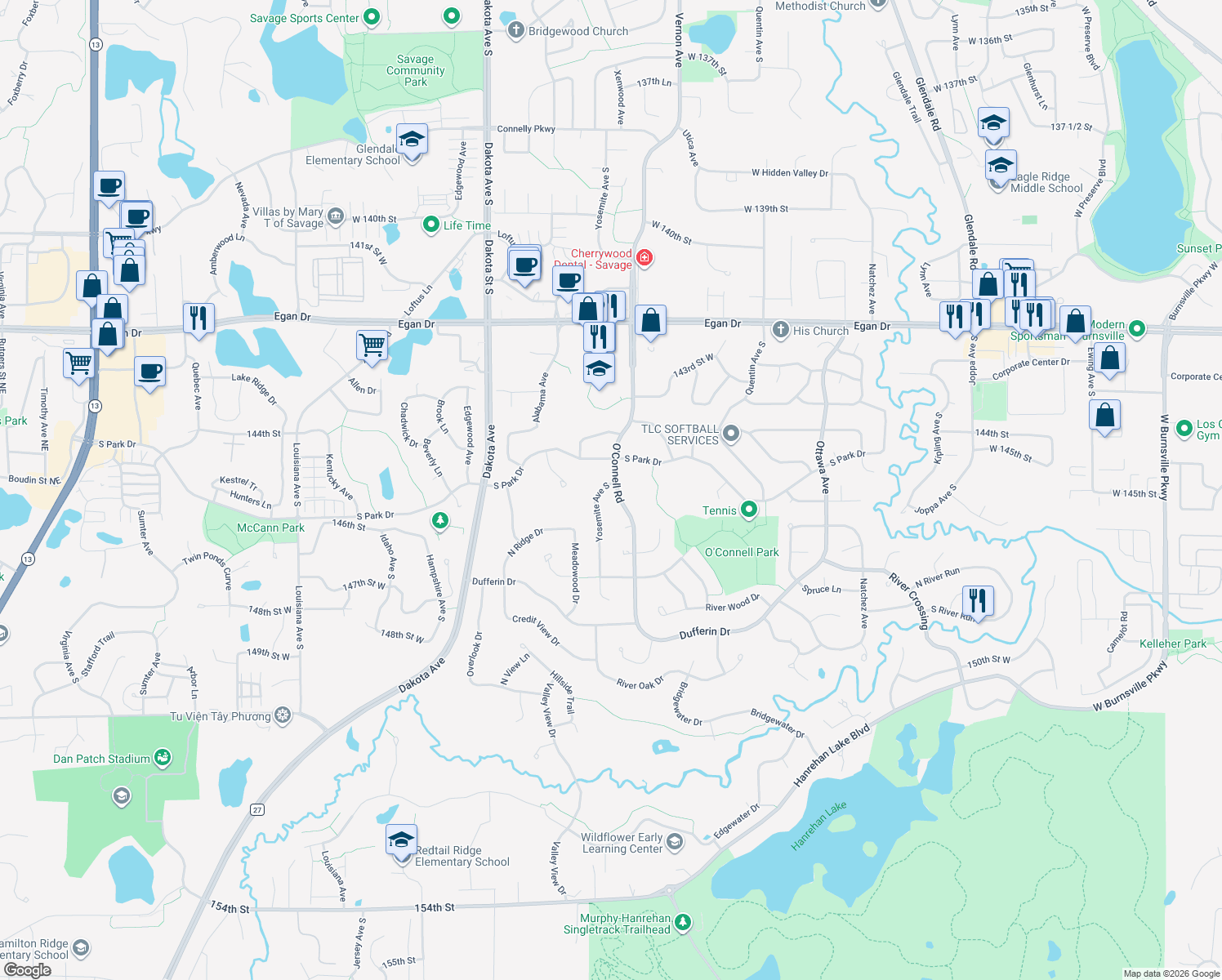 map of restaurants, bars, coffee shops, grocery stores, and more near 14537 Yosemite Ave S in Savage