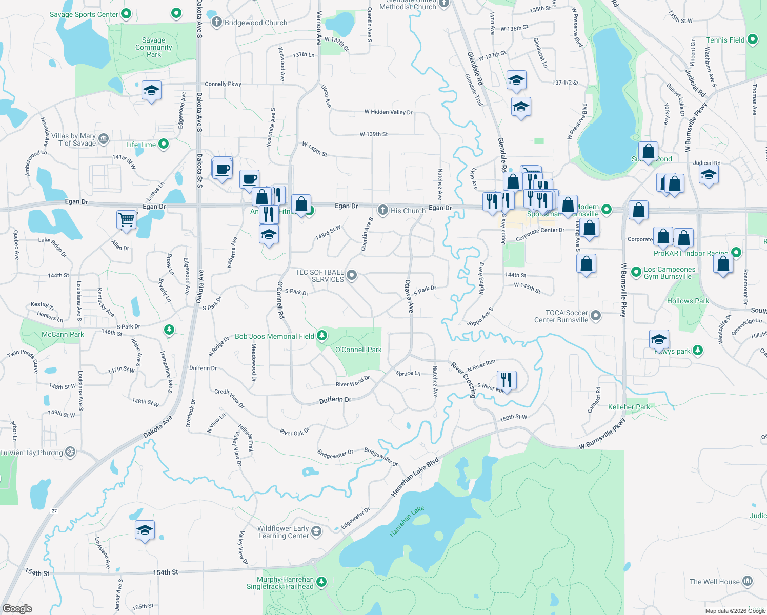 map of restaurants, bars, coffee shops, grocery stores, and more near 5088 South Park Drive in Savage