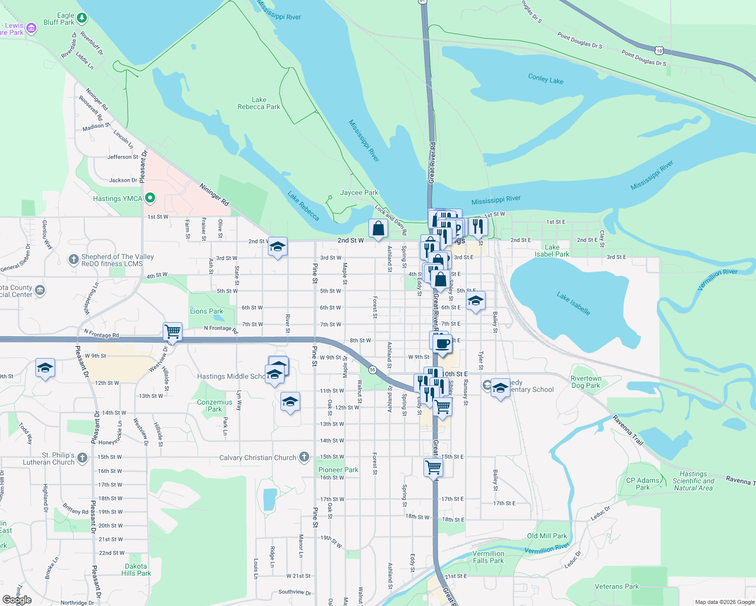 map of restaurants, bars, coffee shops, grocery stores, and more near 422 6th Street West in Hastings