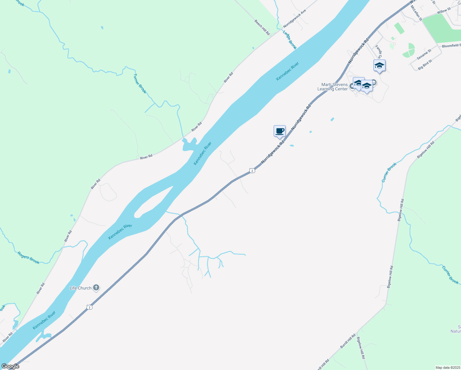 map of restaurants, bars, coffee shops, grocery stores, and more near 267 Skowhegan Road in Norridgewock