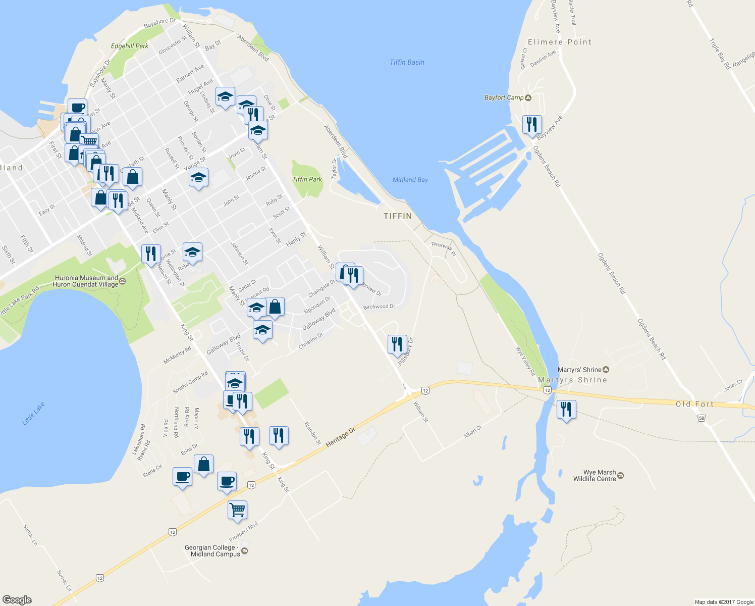 map of restaurants, bars, coffee shops, grocery stores, and more near 863 Birchwood Drive in Midland