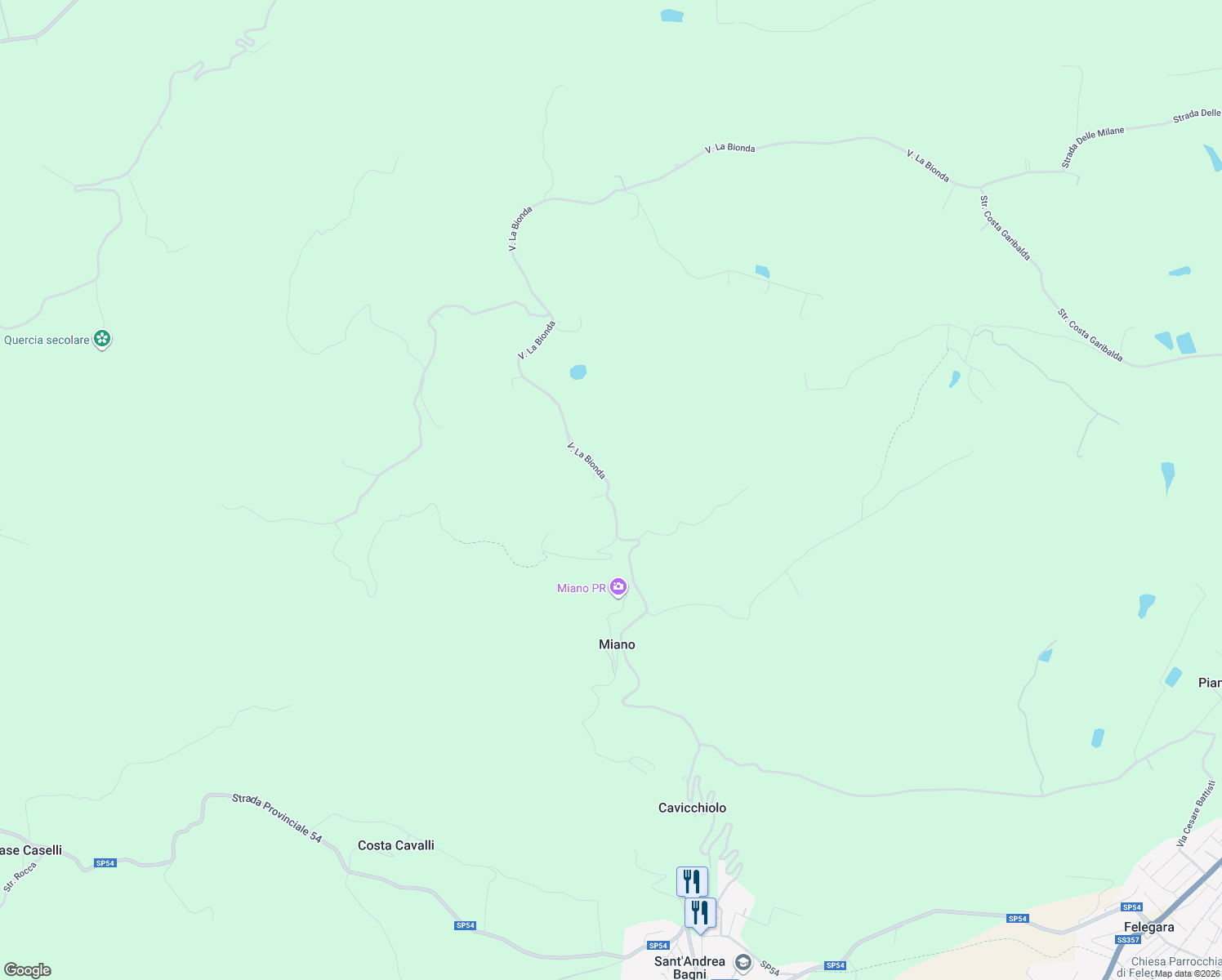 map of restaurants, bars, coffee shops, grocery stores, and more near 38 Via La Bionda in Provincia di Parma