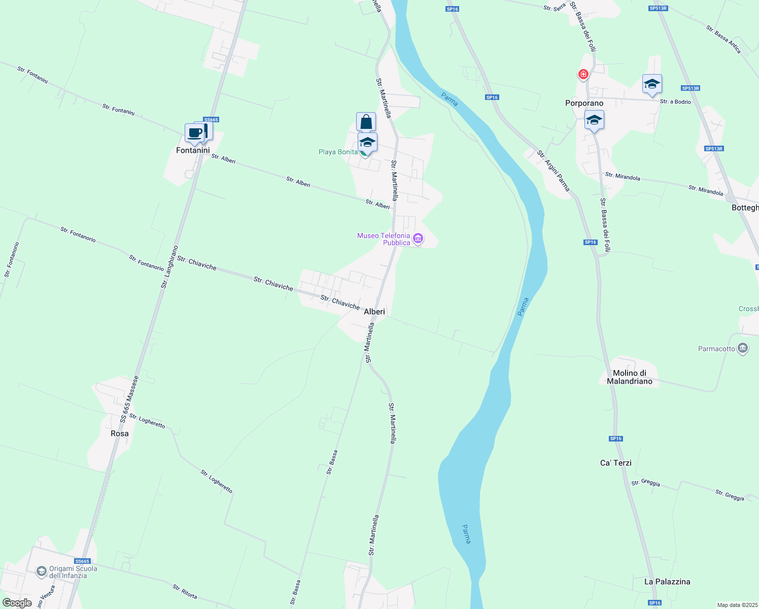 map of restaurants, bars, coffee shops, grocery stores, and more near 190 Strada Martinella in Alberi