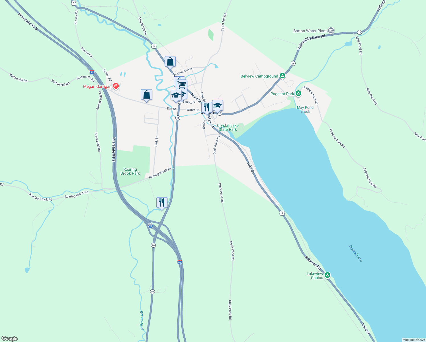 map of restaurants, bars, coffee shops, grocery stores, and more near 278 Duck Pond Rd in Barton