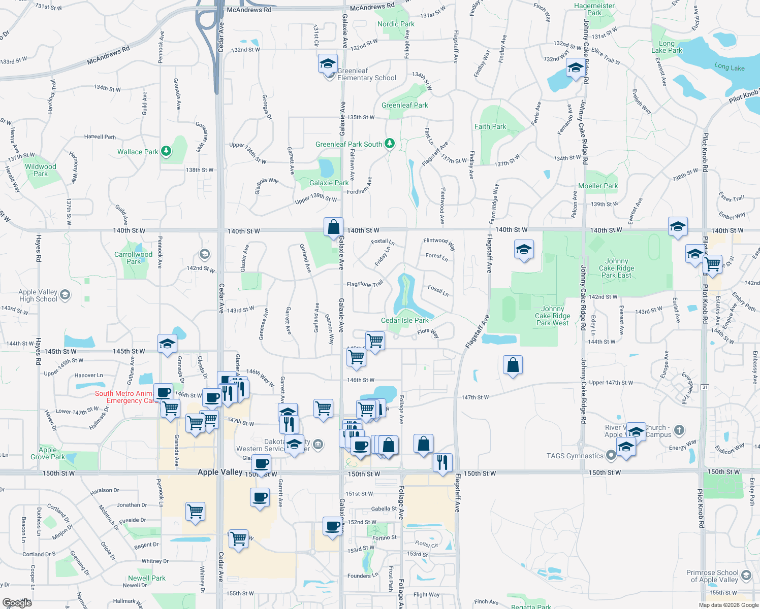 map of restaurants, bars, coffee shops, grocery stores, and more near 14313 Freeport Trail in Apple Valley