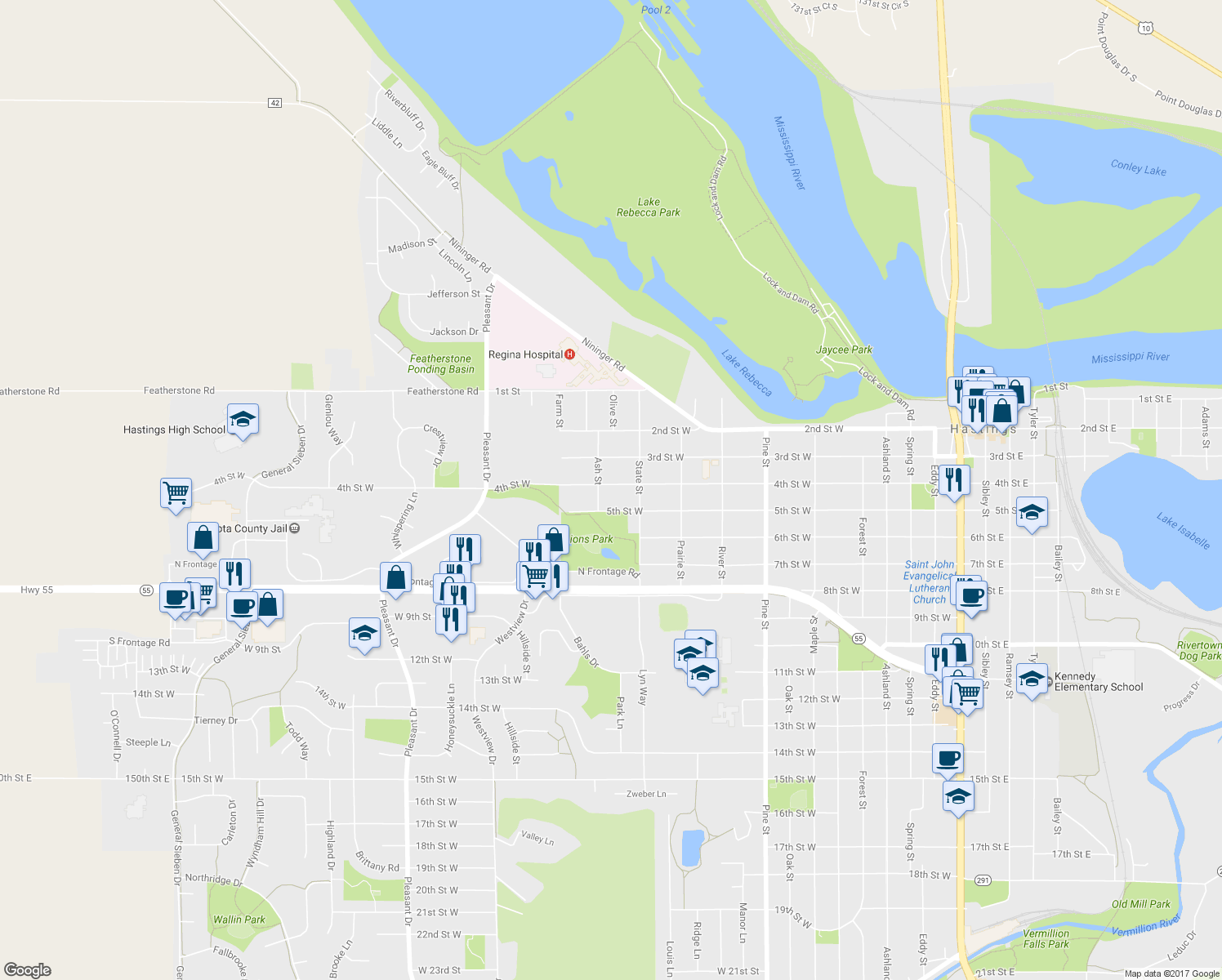map of restaurants, bars, coffee shops, grocery stores, and more near 1041 4th Street West in Hastings