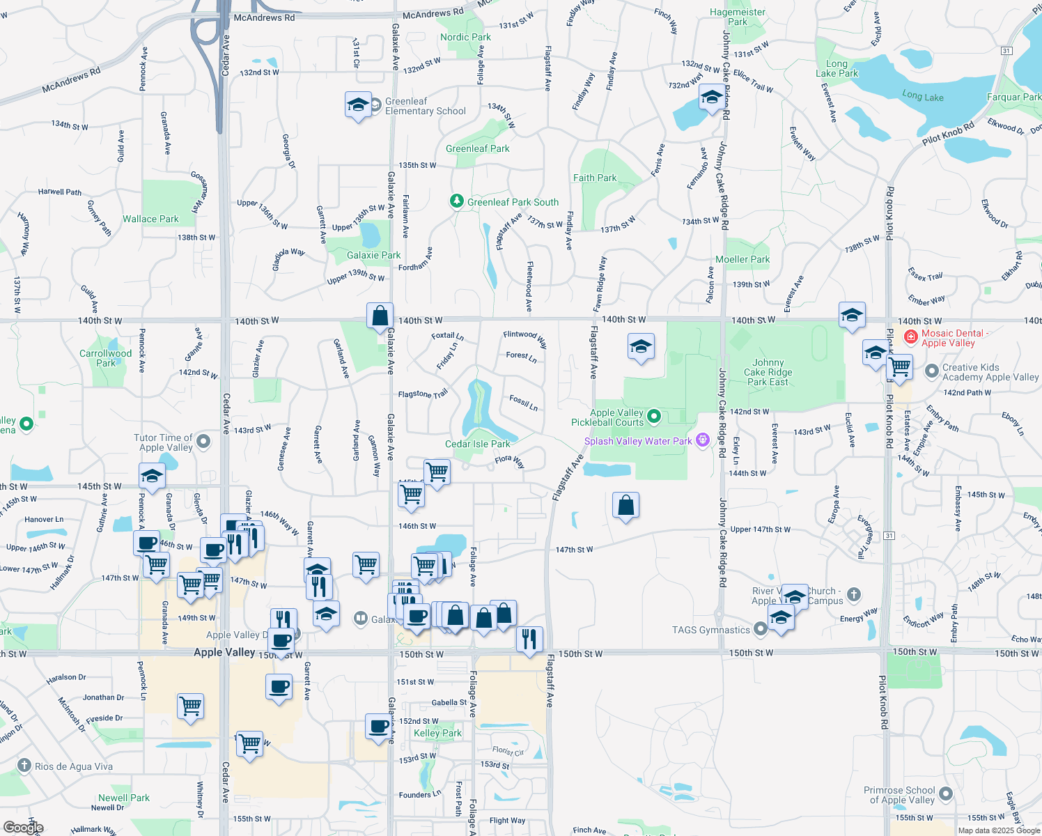map of restaurants, bars, coffee shops, grocery stores, and more near 14298 Footbridge Way in Apple Valley