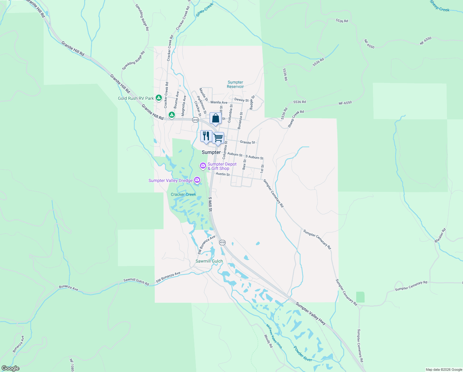 map of restaurants, bars, coffee shops, grocery stores, and more near 382 Ash St in Sumpter
