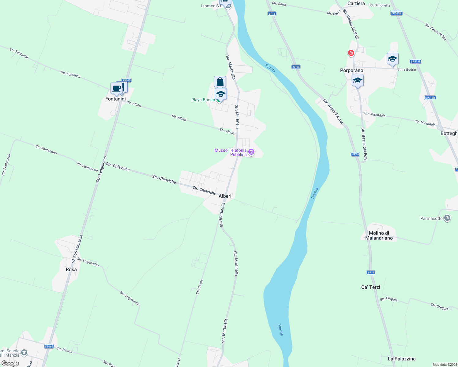 map of restaurants, bars, coffee shops, grocery stores, and more near 190 Strada Martinella in Alberi