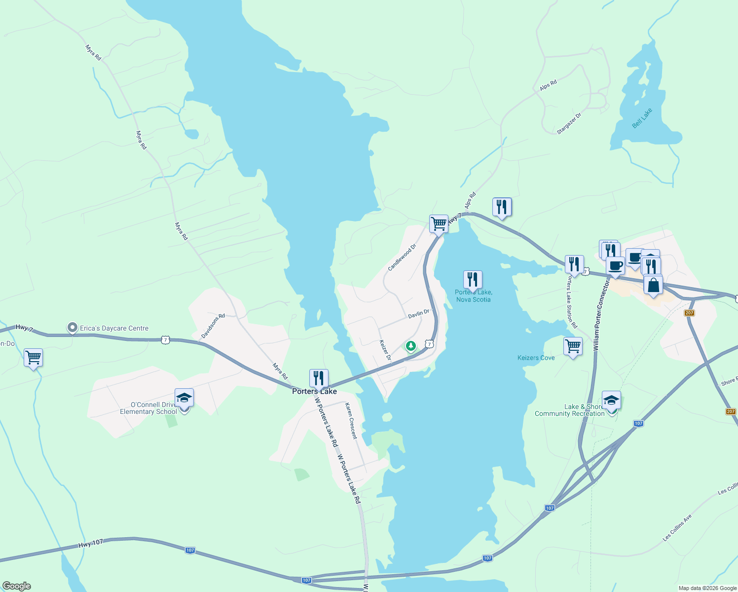 map of restaurants, bars, coffee shops, grocery stores, and more near 15 Porterfield Drive in Porters Lake