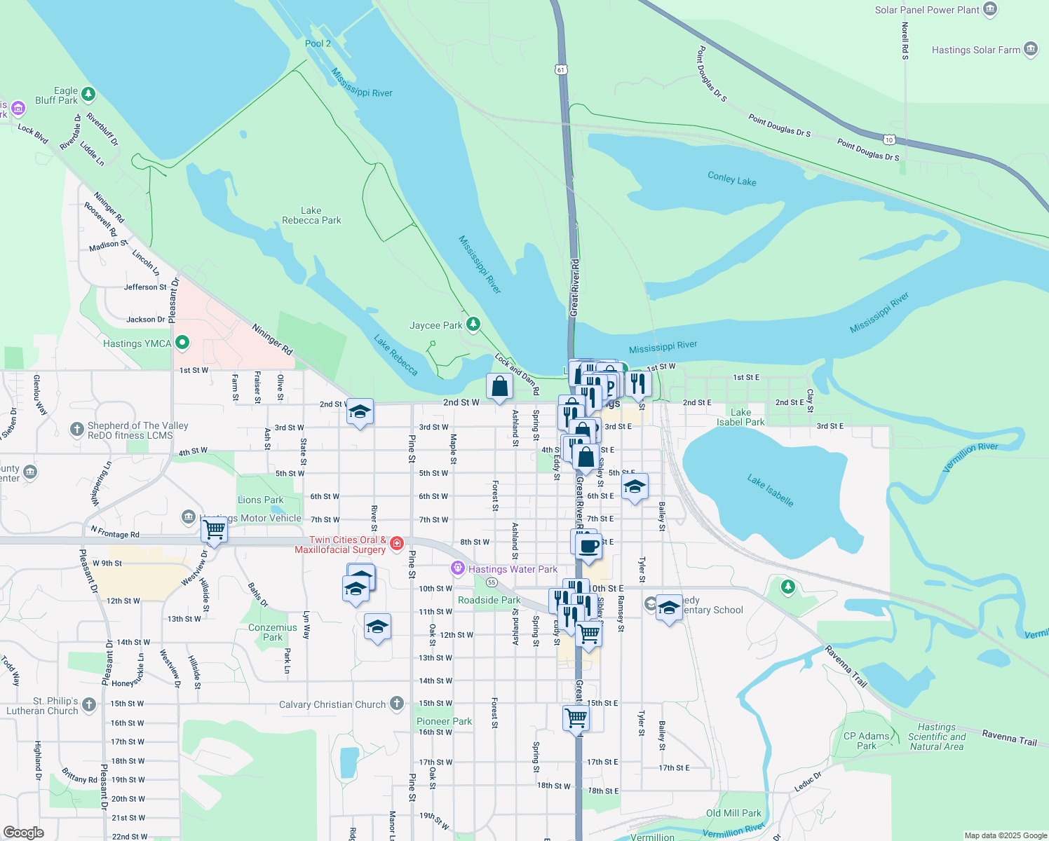 map of restaurants, bars, coffee shops, grocery stores, and more near 316 3rd St W in Hastings