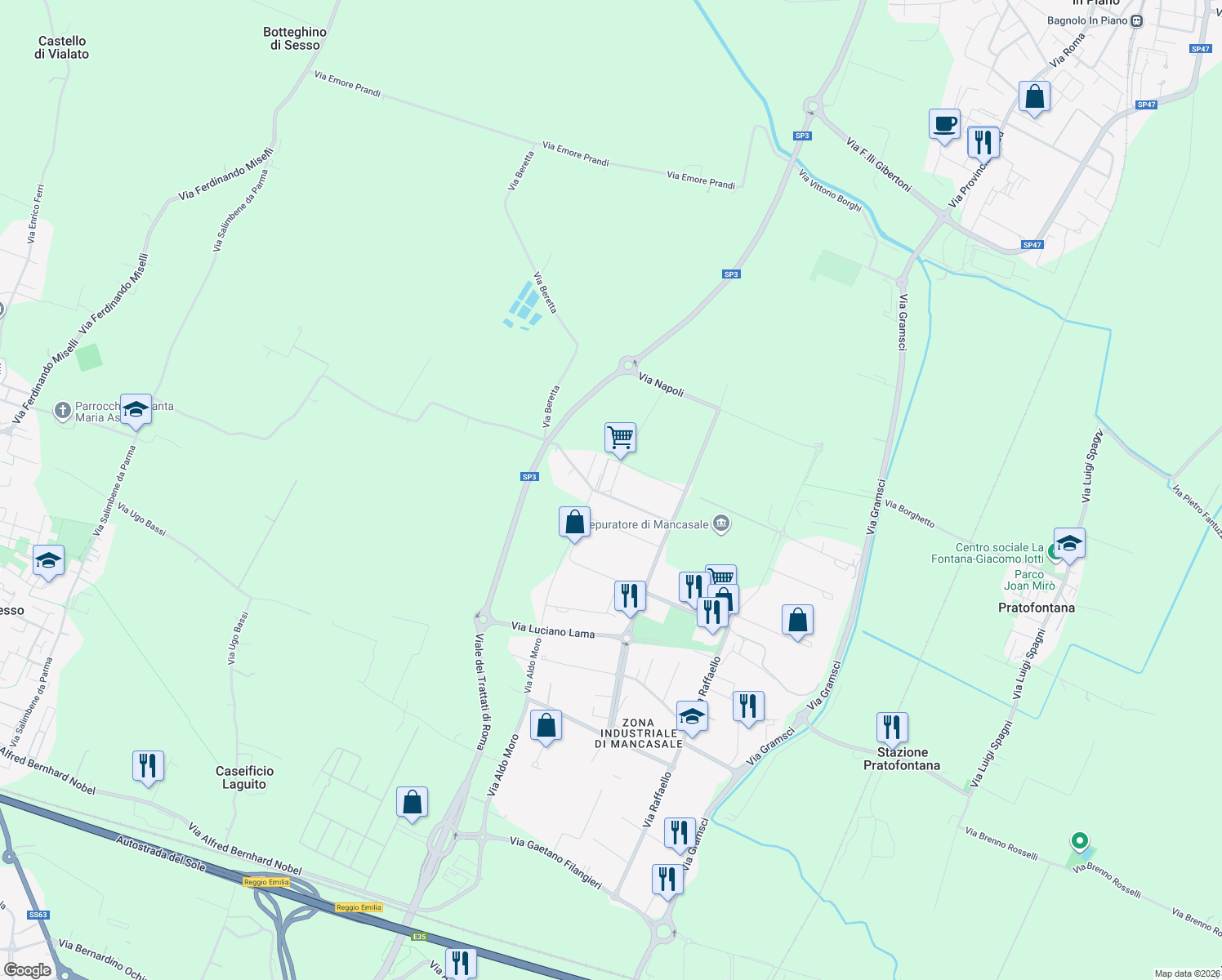 map of restaurants, bars, coffee shops, grocery stores, and more near Via Fratelli Guerra in Reggio Emilia