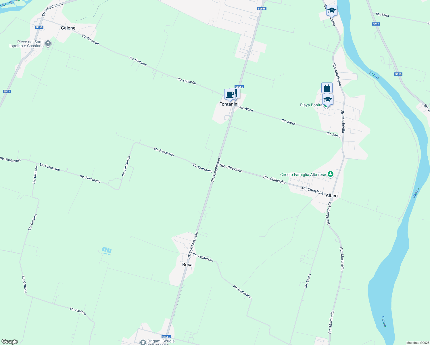 map of restaurants, bars, coffee shops, grocery stores, and more near 19 Strada Fontanorio in Provincia di Parma